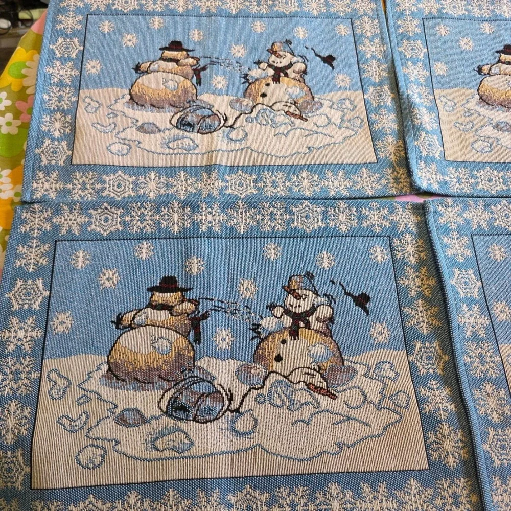 Snowman Snowball Fight Tapestry Placemats Set of 4 Blue Woven Snowflake Border
